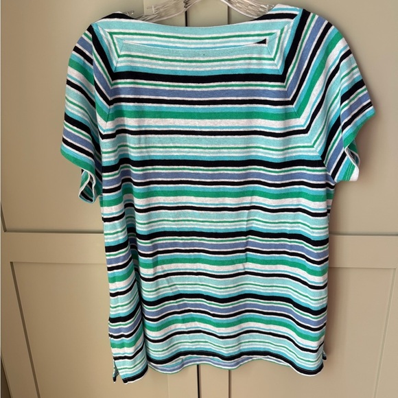 EUC Talbots Striped V-Neck Linen Blend Top SZ L Blue Green and White - Picture 7 of 7